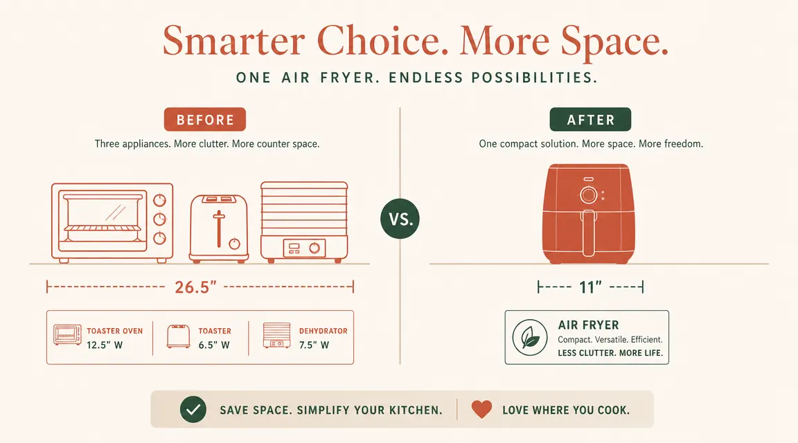 Before and after diagram showing a crowded counter with toaster oven, toaster, and dehydrator replaced by a single compact air fryer