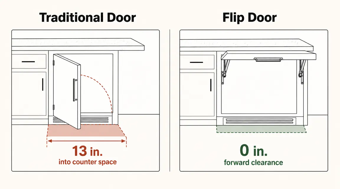 Side-by-side diagram comparing clearance needed by a traditional drop-door toaster oven versus a flip-door model