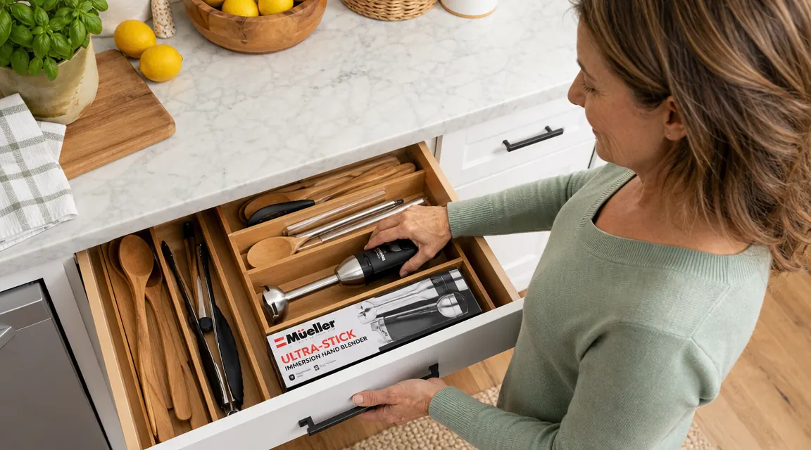 Mueller Ultra-Stick immersion blender resting inside a utensil drawer next to spatulas and tongs