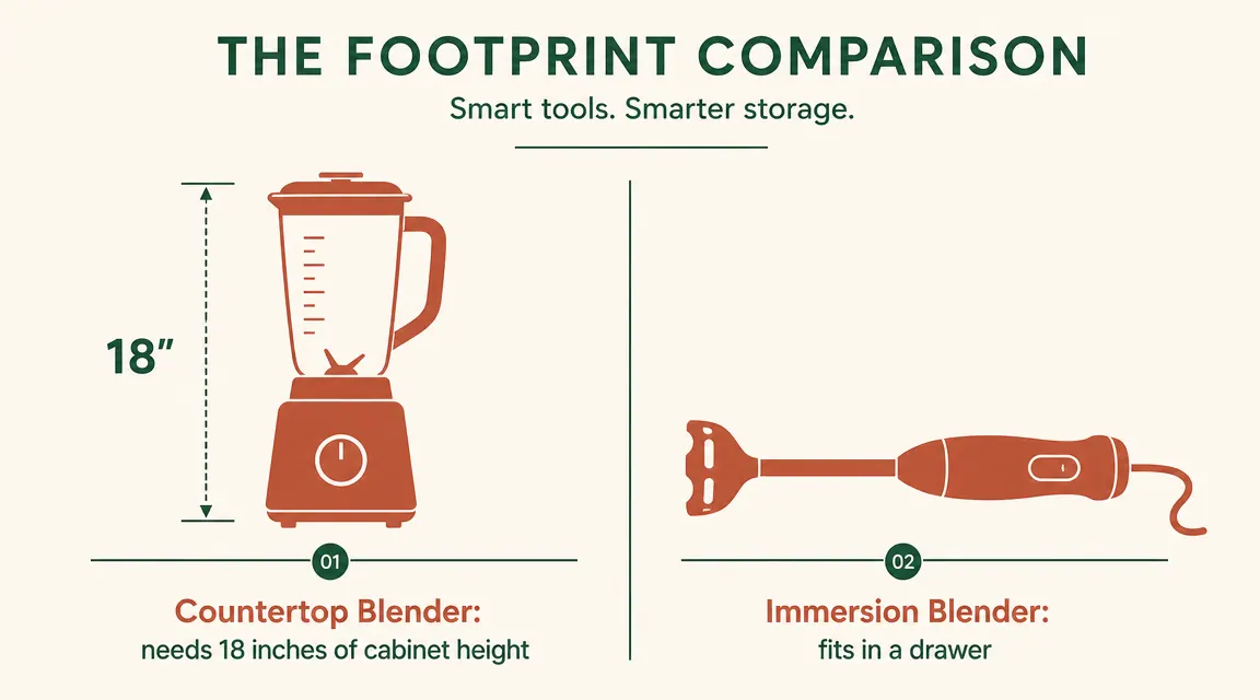 Side-by-side size comparison showing a tall countertop blender jar versus an immersion blender laid flat