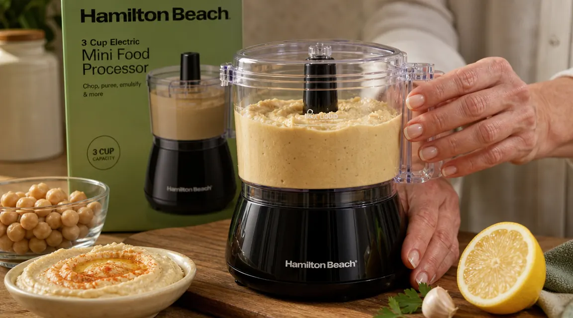 Hamilton Beach food processor bowl filled with freshly made hummus beside a cutting board with chickpeas
