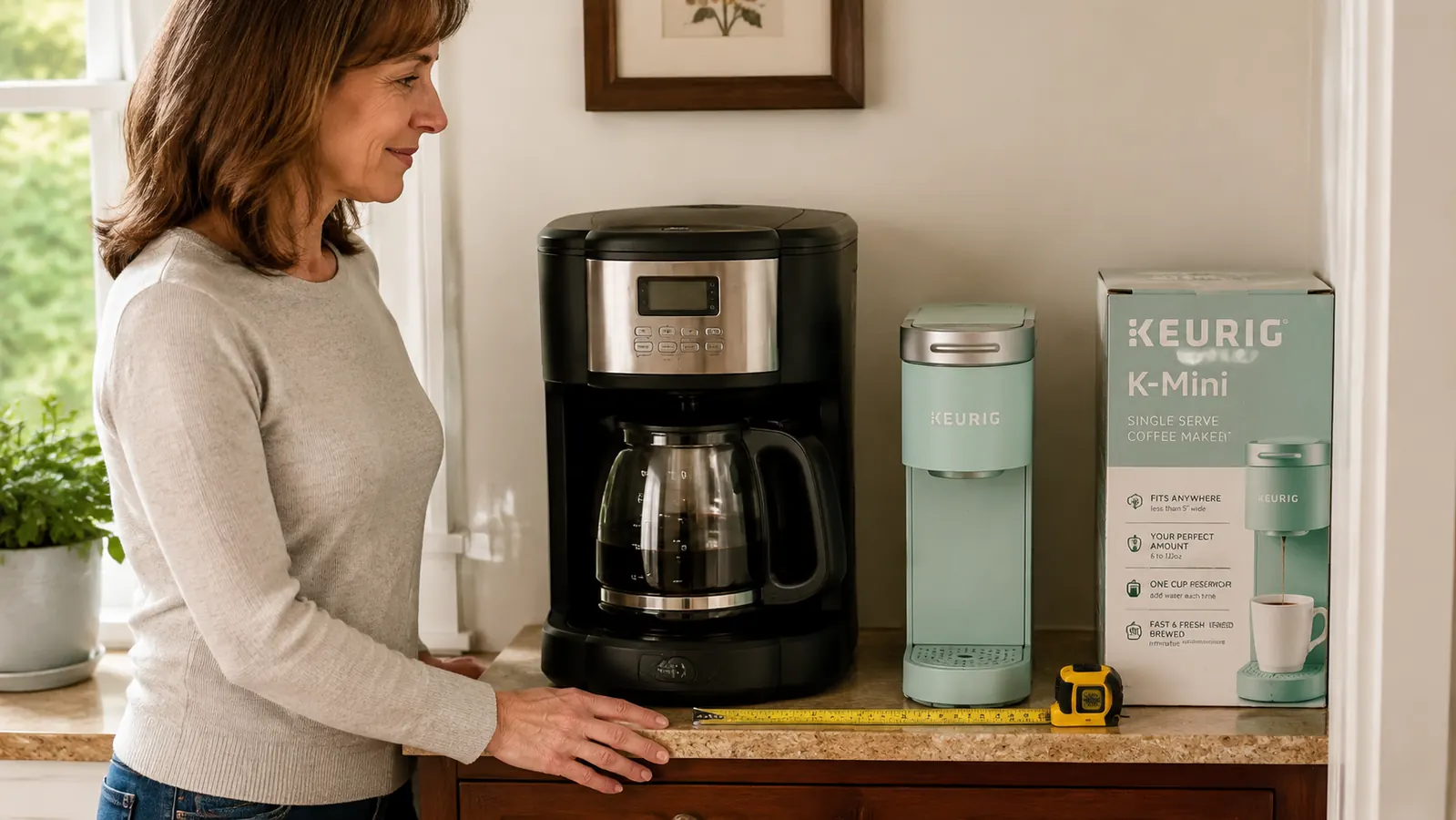 Side-by-side counter comparison showing a bulky drip coffee maker versus the slim Keurig K-Mini
