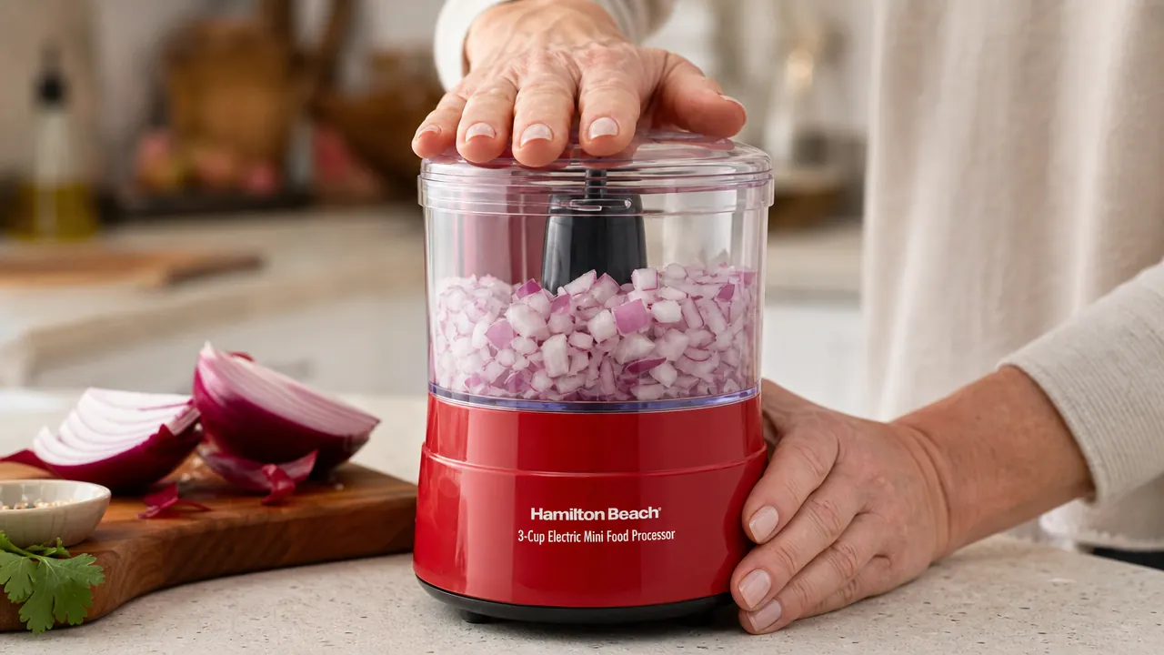 Hand pressing the lid of a Hamilton Beach mini food processor filled with roughly chopped onion