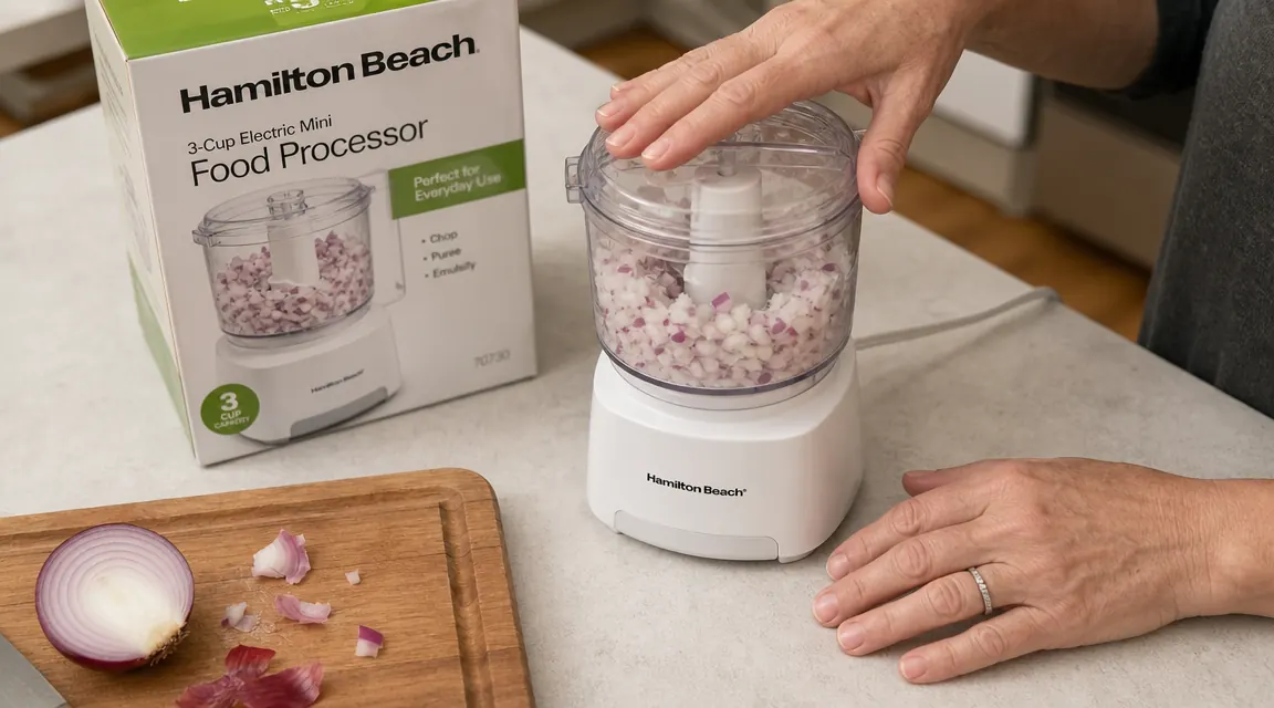 Hamilton Beach 3-cup food processor chopping onions, viewed from above showing the bowl and lid