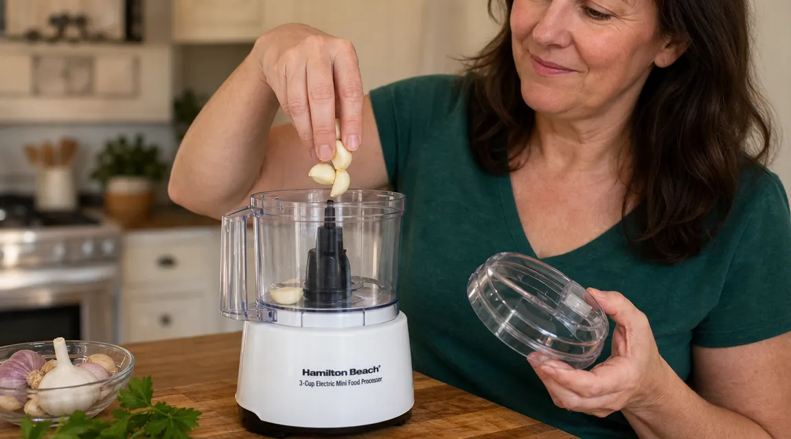 Hand placing garlic cloves into the Hamilton Beach mini food processor bowl before chopping