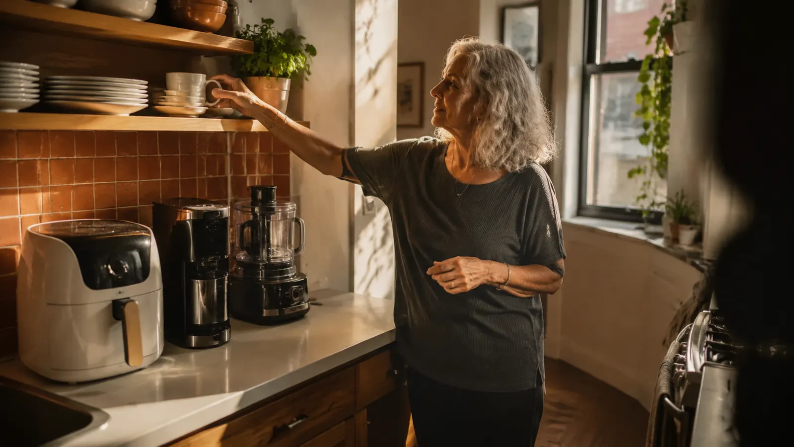 A woman in her fifties at a sunlit kitchen window with coffee and a journal, calm morning light