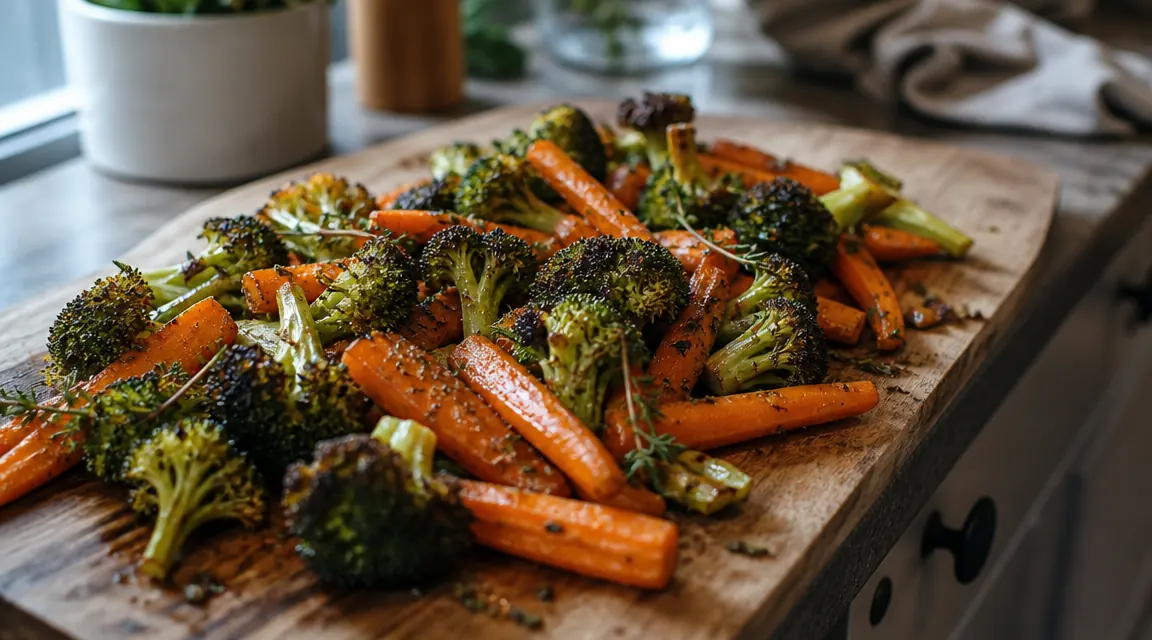 Sheet pan vegetables roasted in a compact toaster oven, caramelized edges, fresh herbs, set on a small wooden cutting board