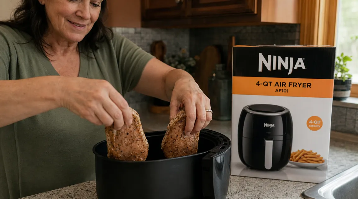 Hand placing seasoned chicken thighs into the Ninja air fryer basket