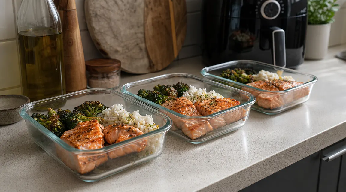 Meal prep containers with air-fryer cooked salmon, roasted broccoli, and rice on a small kitchen counter