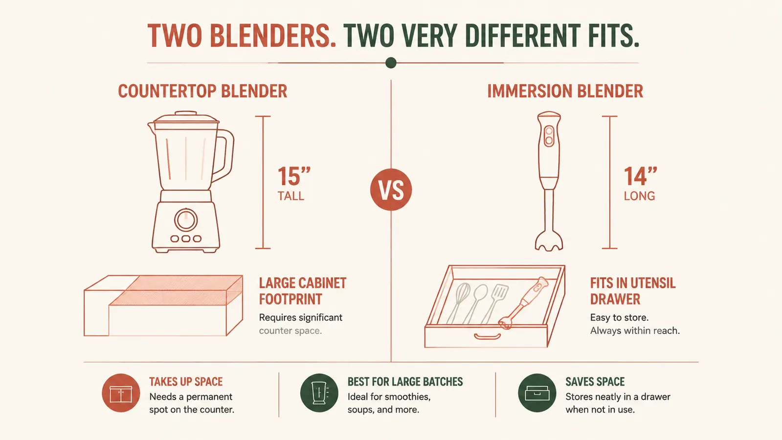 Comparison chart showing storage footprint of a countertop blender versus an immersion blender stored in a utensil drawer