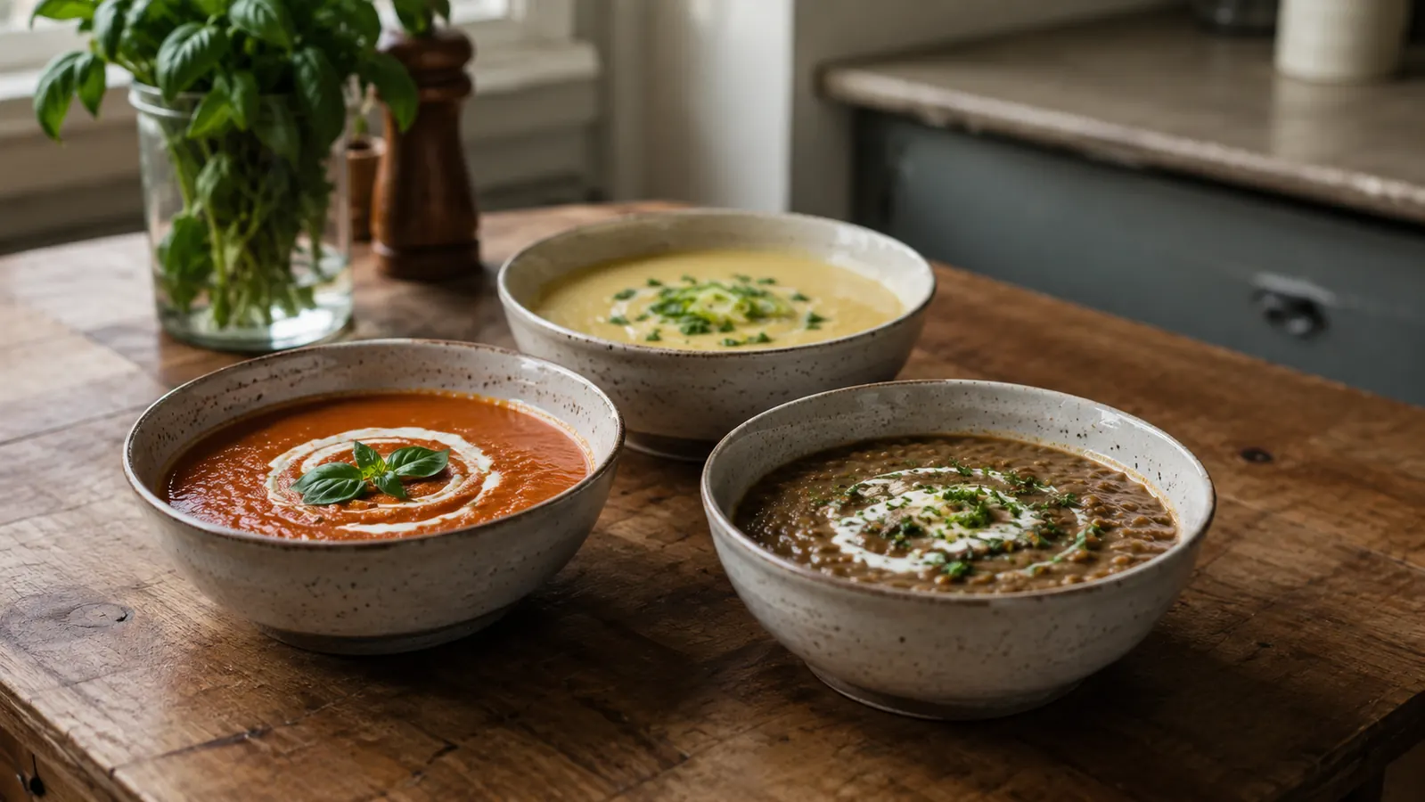 Three bowls of different pureed soups on a small kitchen table showing the range of textures achievable with an immersion blender