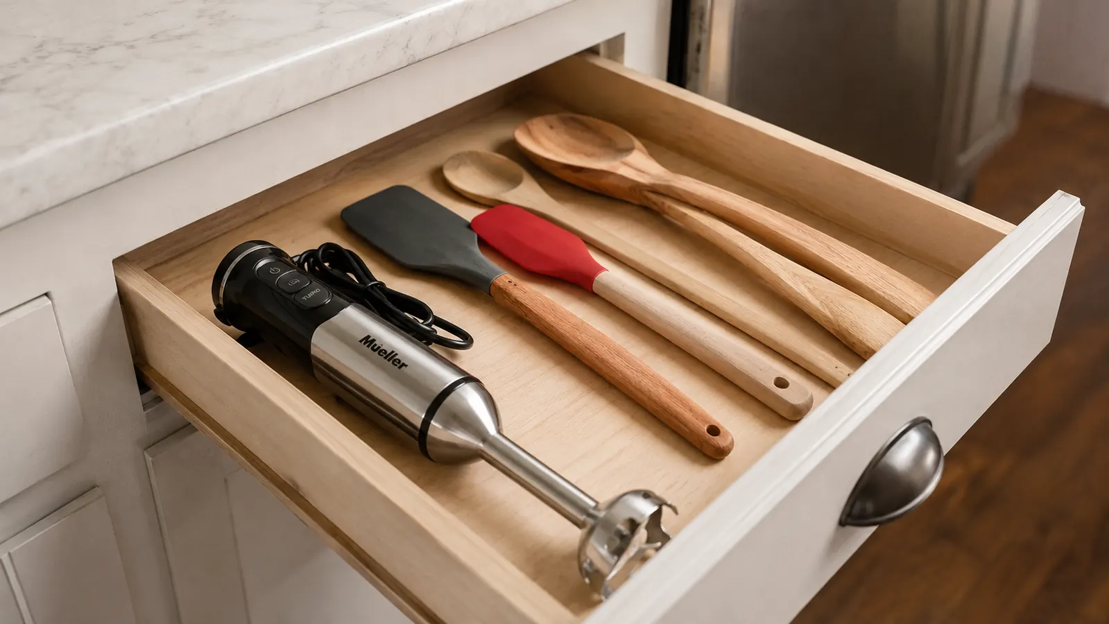 Immersion blender stored neatly in a kitchen utensil drawer alongside spatulas and wooden spoons