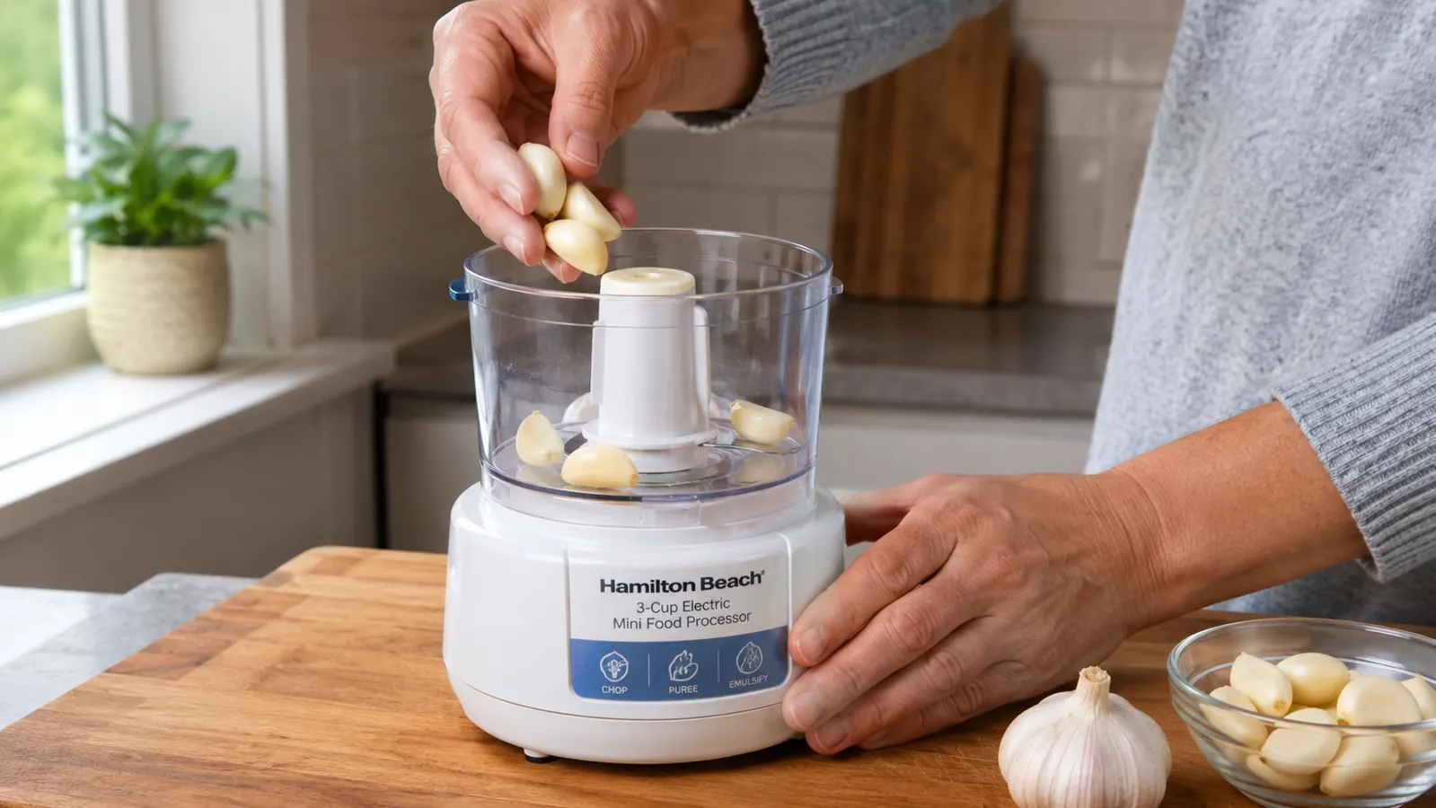 Hand placing garlic cloves into the bowl of a Hamilton Beach mini food processor