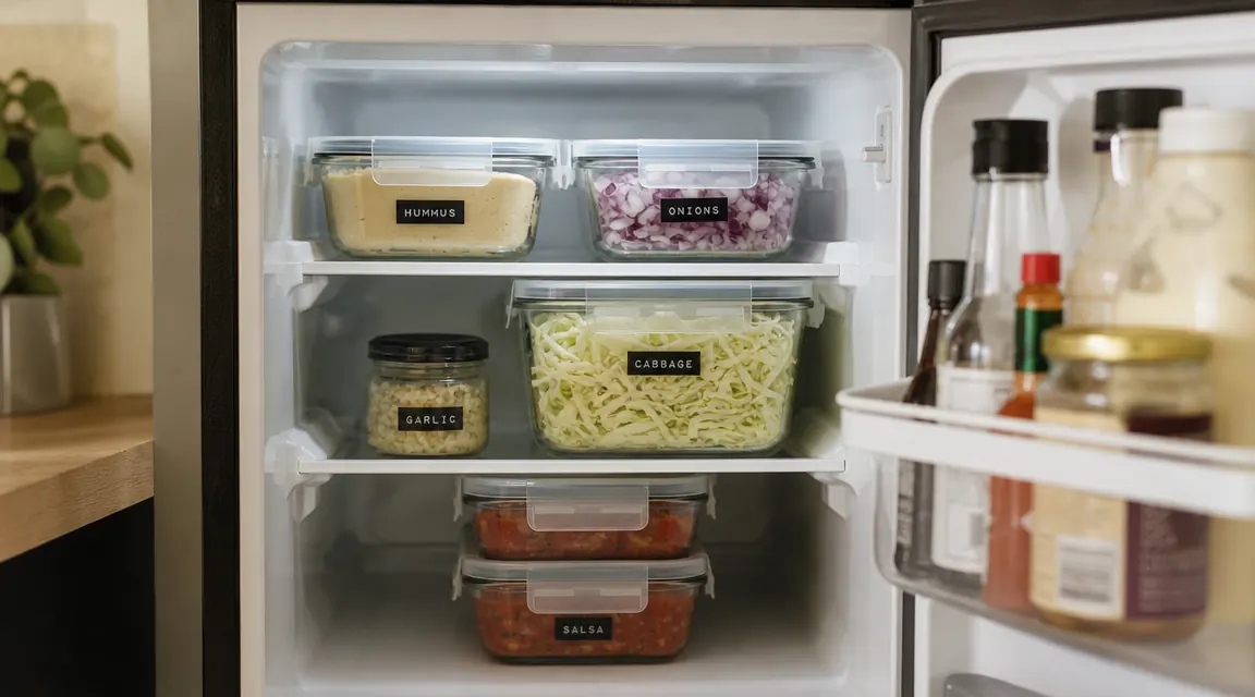 Meal prep containers stacked in a small apartment refrigerator after a Sunday prep session