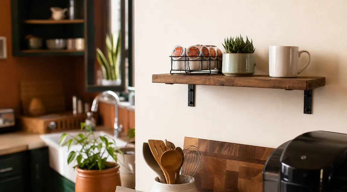Small floating shelf on a kitchen wall holding a row of K-Cup pods, a small plant, and a coffee mug, maximizing vertical space above the counter
