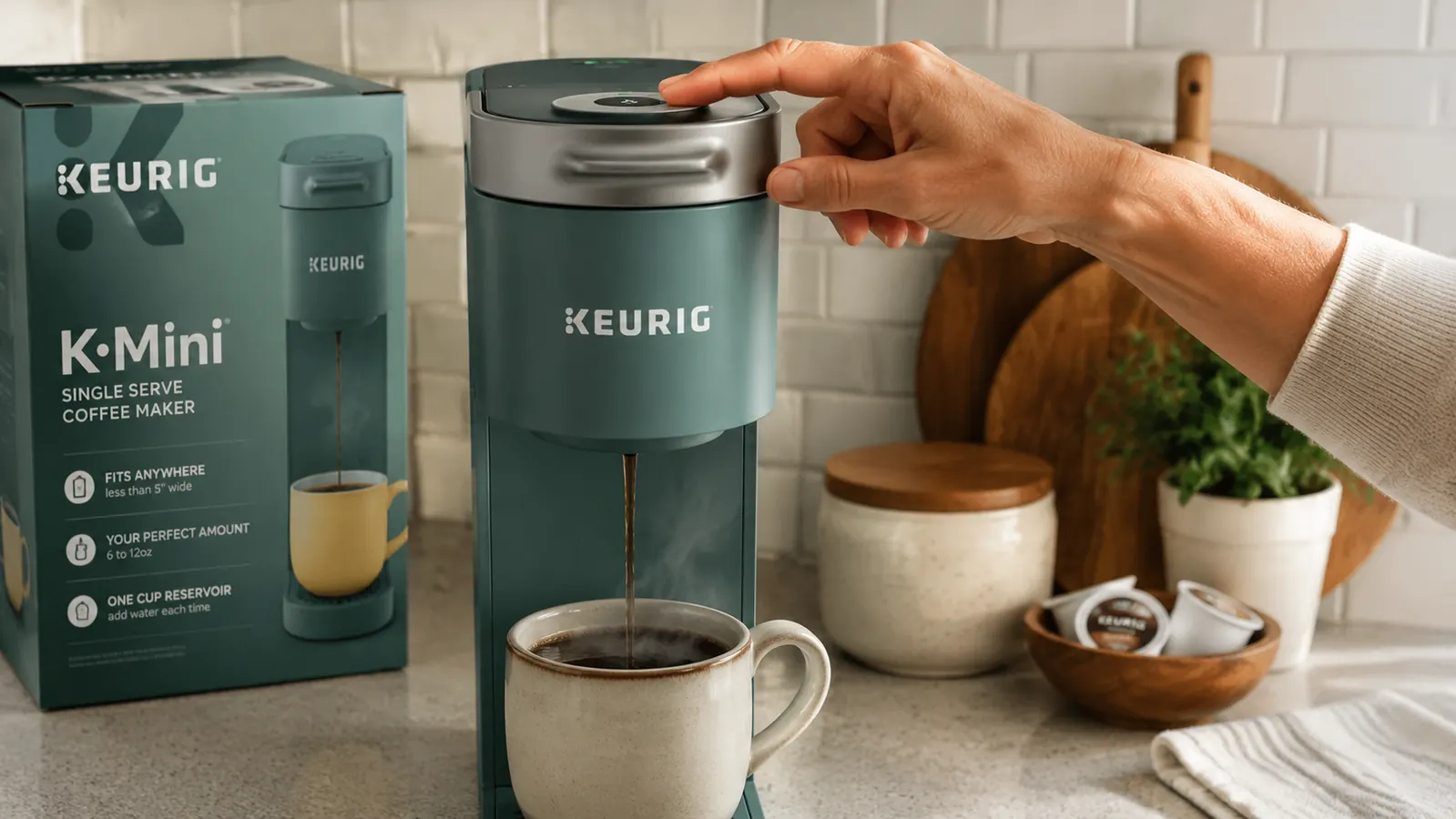 Hand pressing brew button on a Keurig K-Mini coffee maker on a narrow kitchen counter