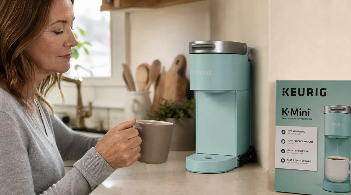 Keurig K-Mini sitting in a cabinet next to its cord, showing how easily it stores away
