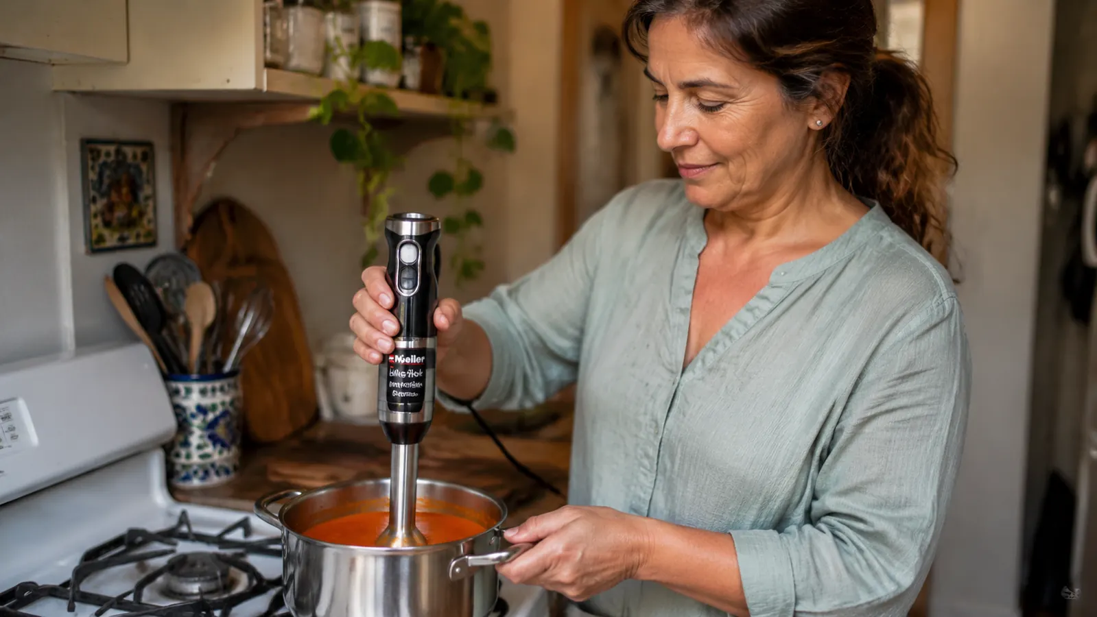 Hand holding Mueller immersion blender over a pot of blended tomato soup on a gas stovetop