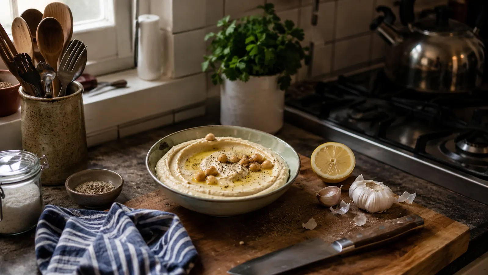 Bowl of smooth hummus on a small kitchen counter next to a Mueller immersion blender