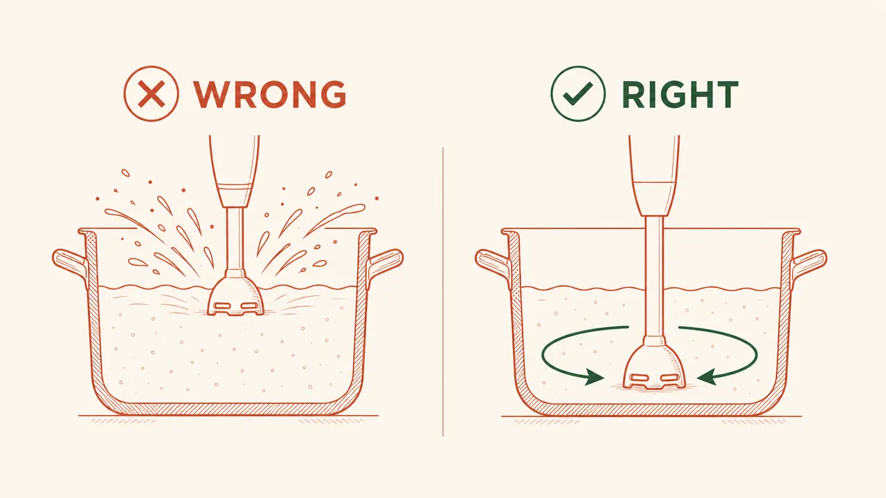 Diagram showing correct immersion blender angle and depth versus the too-shallow angle that causes splashing