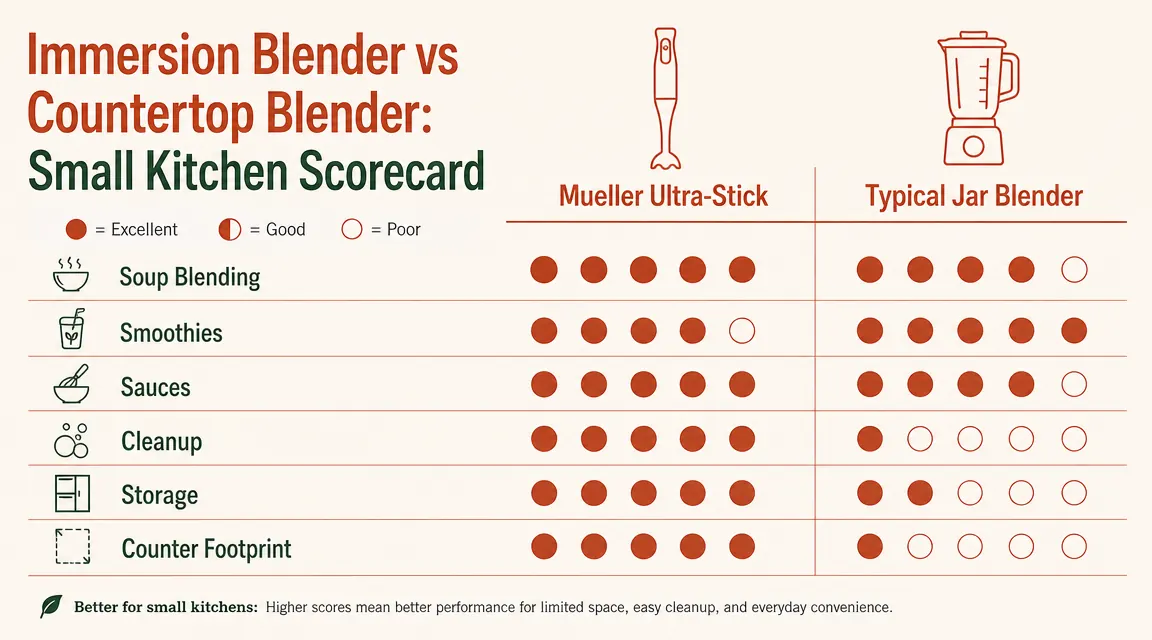 Chart showing tasks completed by immersion blender versus countertop blender with ratings for soup, smoothies, sauces, and storage convenience