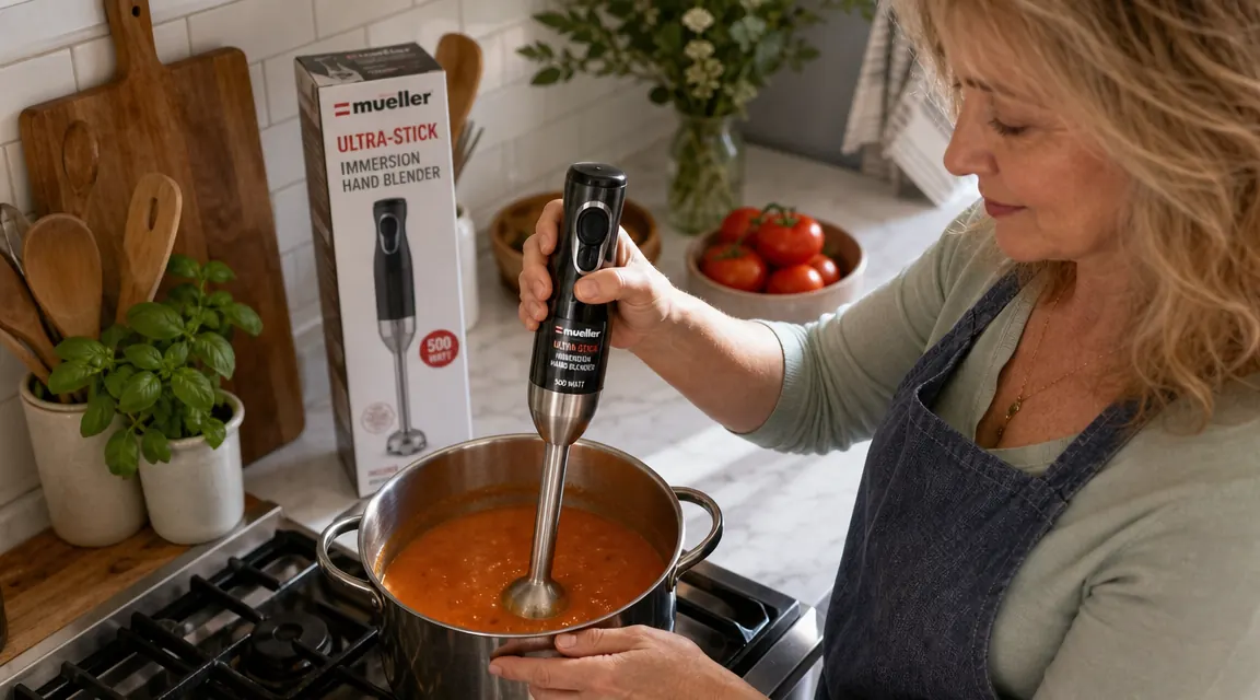 Mueller Ultra-Stick immersion blender being used directly in a pot of tomato soup on the stovetop
