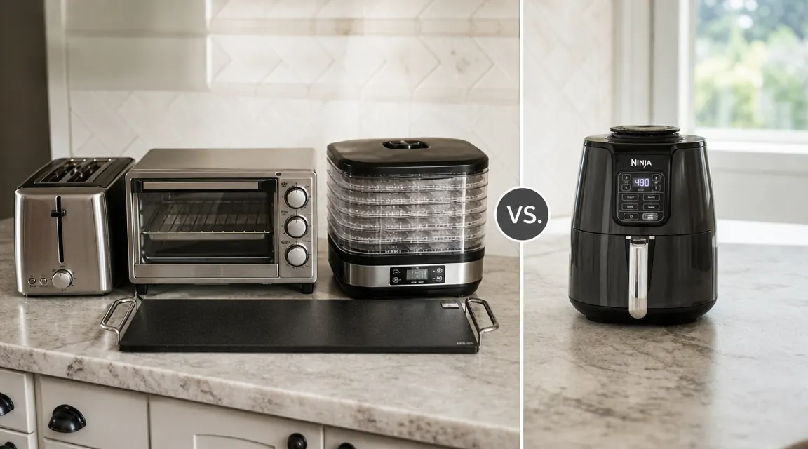 Four small kitchen appliances lined up on a counter next to a single compact air fryer to show footprint comparison