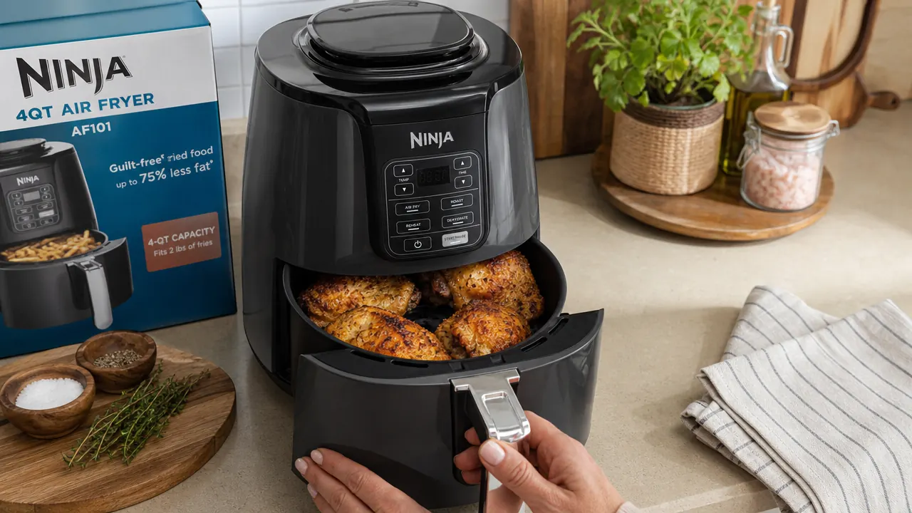 Hand pulling out the Ninja air fryer basket showing crispy chicken thighs inside the 4QT capacity