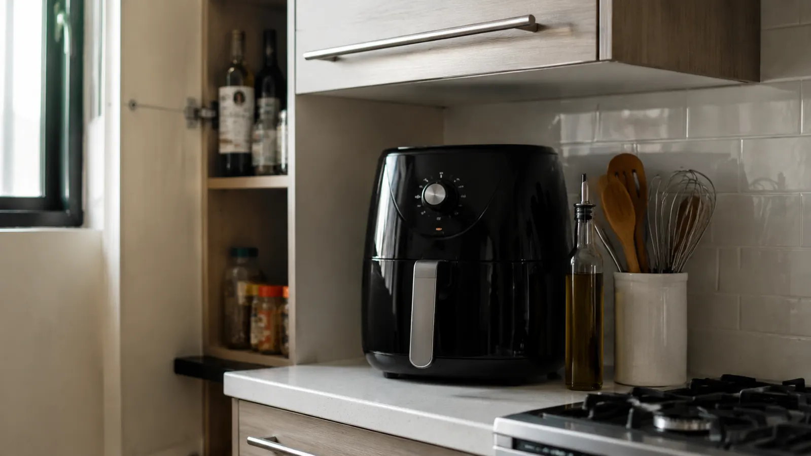 Small kitchen counter with an air fryer stored under overhead cabinets showing the height clearance needed