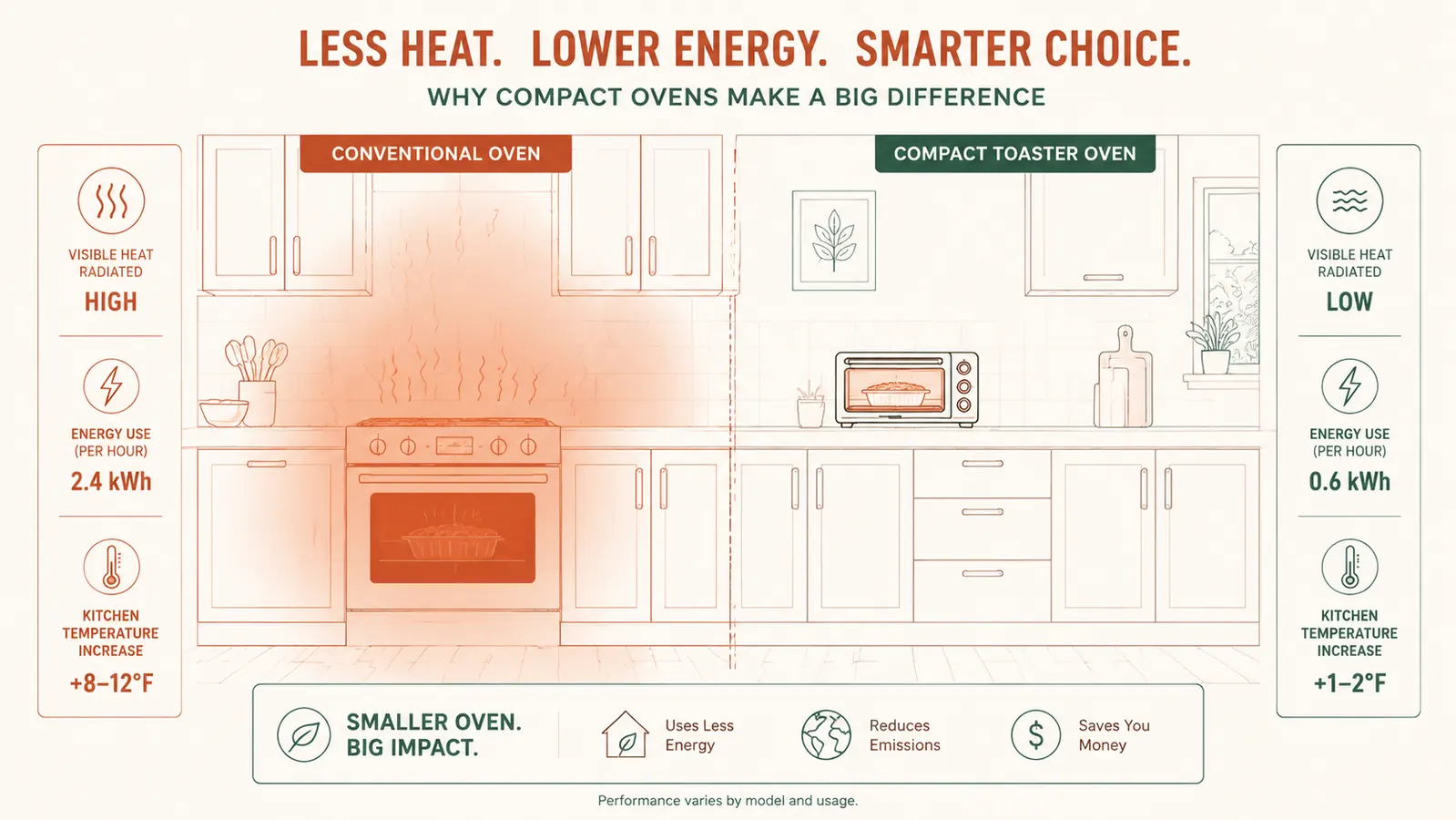 Kitchen thermometer on counter next to a toaster oven showing significantly lower ambient temperature than a wall oven