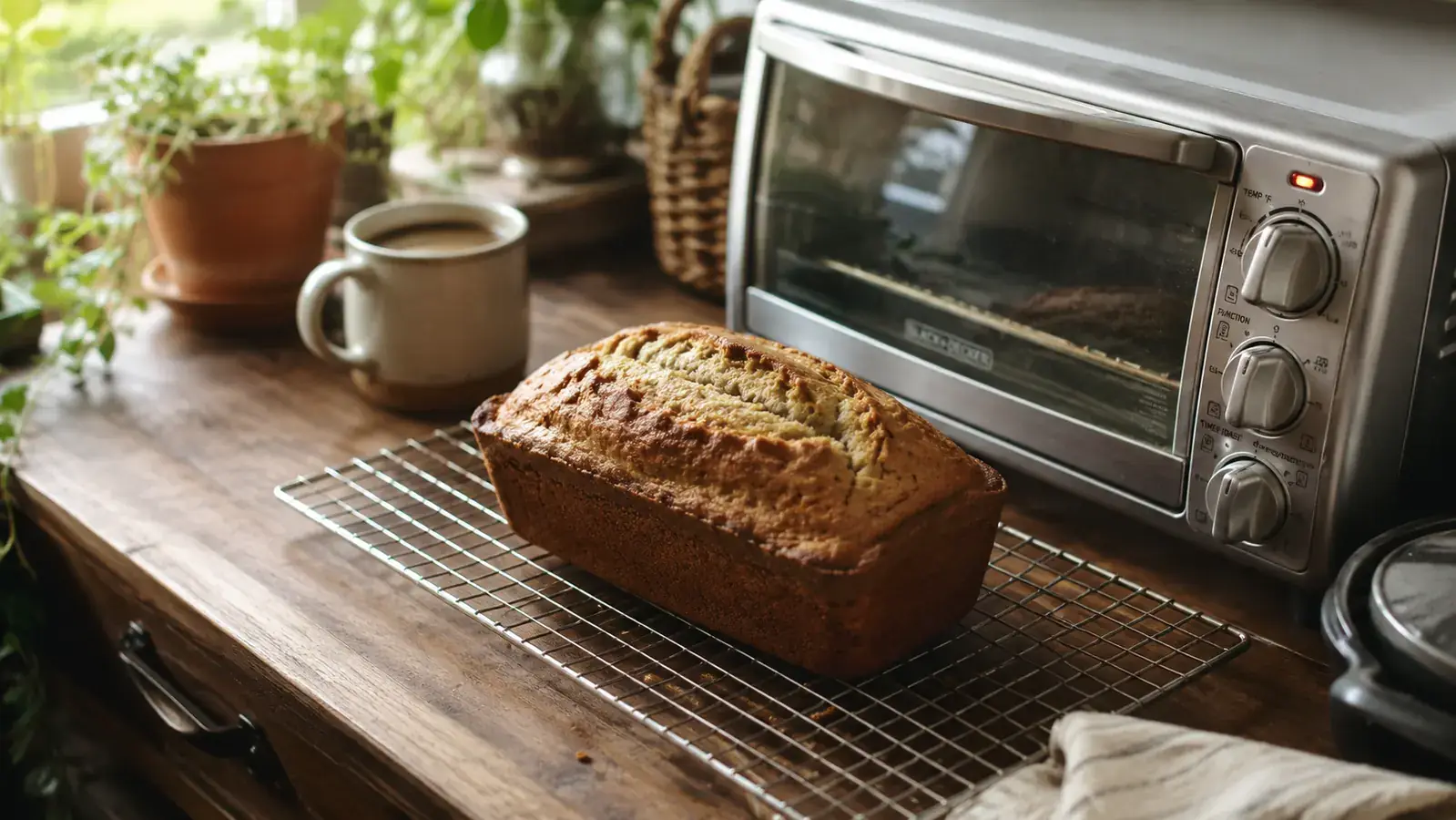 A homemade banana bread loaf cooling on a rack next to the Ninja Flip Toaster Oven on a small kitchen counter
