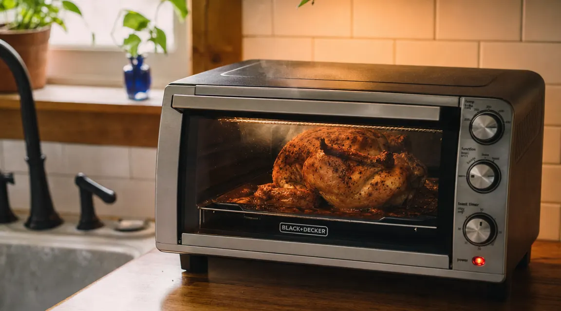 Ninja Flip Toaster Oven on a counter with a finished golden-brown roast chicken visible through the glass door