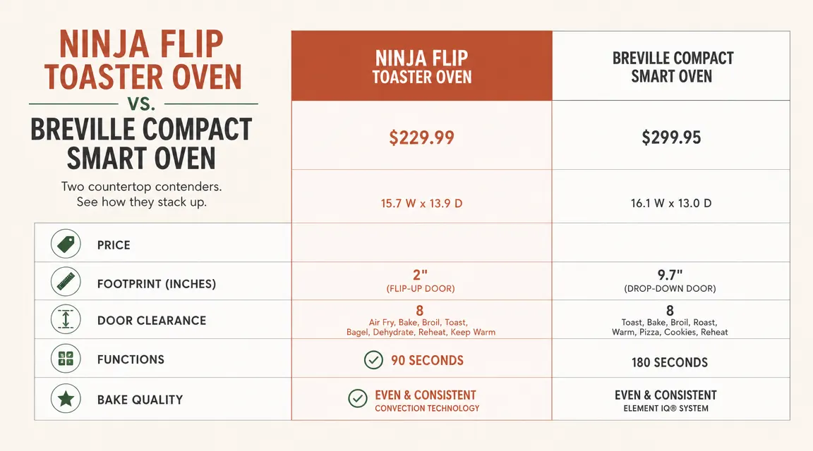 Side-by-side comparison chart of Ninja Flip vs Breville Compact specs including price, footprint, and functions